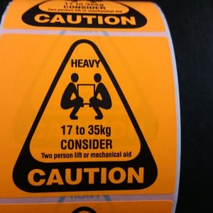 Fluro Orange 75mm x 75mm with HEAVY 17 to 35kg, CAUTION, 76mm core, 1 across Label, 2,000per roll